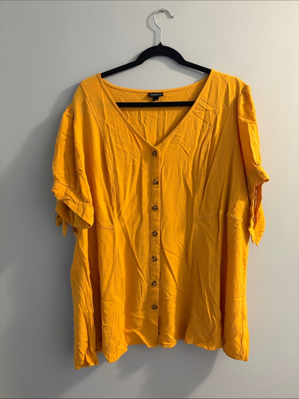 torrid Yellow Button-Front V-Neck Blouse with Short Tie Sleeves